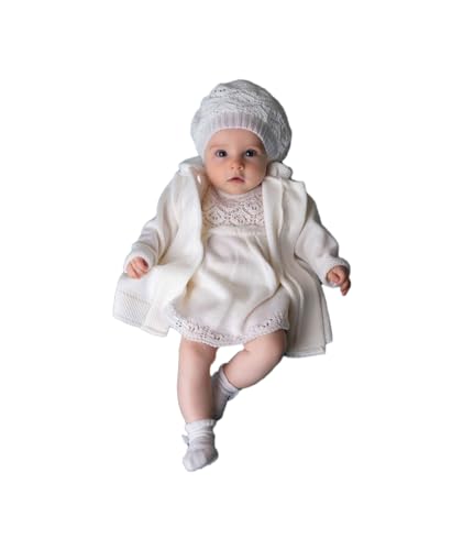 Cocolina4kids Baby Mädchen Taufkleid aus Strick Strickkleid Set Taufset Festkleid Blumenmädchen Baby Stickmantel Kleid Mütze Baby Dress Party (62 (0-3 Monate))