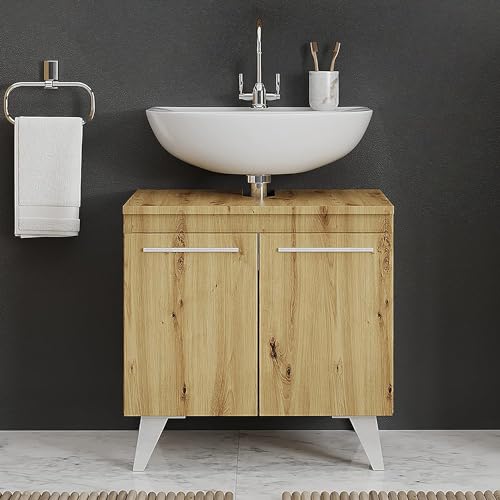 Planetmöbel Waschtischunterschrank Merkur 60cm Artizan Eiche, Unterschrank für Badezimmer, Badmöbel ohne Waschbecken