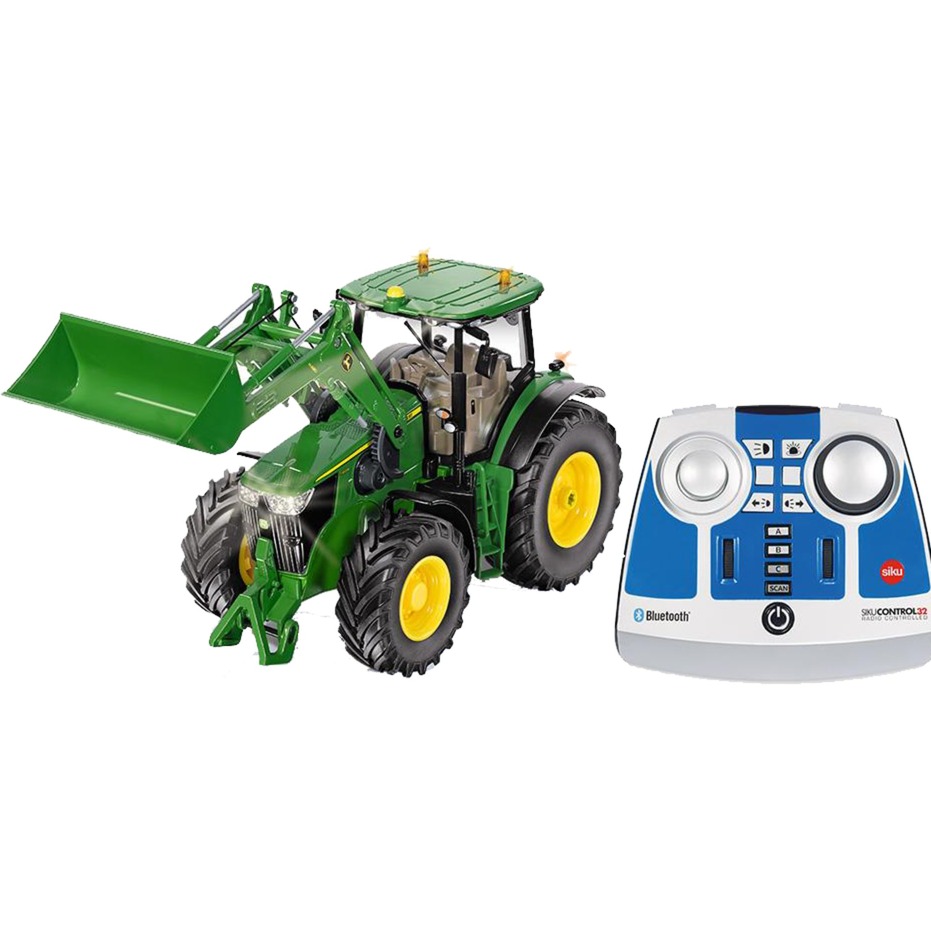 SIKU 6795, John Deere 7310R Traktor, Grün, Metall/Kunststoff, 1:32, Ferngesteuert, Inkl. Bluetooth-Fernsteuerung und Zubehör, Steuerung via App möglich