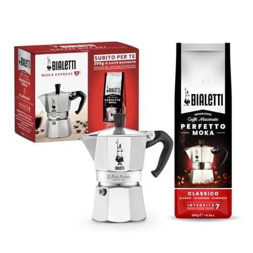 Bialetti Espressokocher Moka Express für 3 Tassen, plus 250 g Perfekt Moka Bialetti, nicht induktionsfähig, 3 Tassen (130 ml), Aluminium