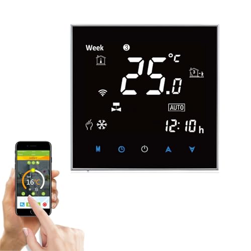 Smart Wifi Thermostat Wifi Programmierbarer Wasserthermostat LCD Display Temperaturregler Kompatibel mit Alexa Google Home IFTTT 5A, Schwarz Panel Weiß Schriftart(Einstellbare Helligkeit)