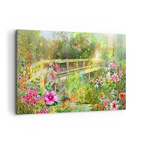 Bild auf Leinwand - Leinwandbild - Brücke Park Blume Frühling - 120x80cm - Wand Bild - Wanddeko - Leinwanddruck - Bilder - Kunstdruck - Wanddekoration - Leinwand bilder - Wandkunst - AA120x80-2906