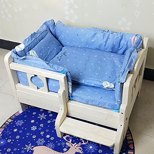 LSMK Hundebett Hundeliege Hundebettgestell Aus Holz Groß, Erhöhte Haustierbetten Für Kleine Mittelgroße Hunde, Die Schlafen, Sanft Bequem Holzhütten Mit Blauer Matratze & Treppe (Size : 100×65×40cm)