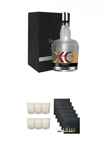 Dictador Solera Rum XO Insolent Kolumbien 0,7 Liter + Dictador Rum Gläser 6 Stück + Schiefer Glasuntersetzer eckig 6 x ca. 9,5 cm Durchmesser