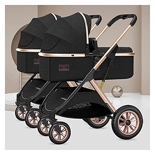 Leichter Doppel-Kinderwagen for Neugeborene und Kleinkinder, faltbarer Doppelsitzwagen mit verstellbarer Rückenlehne, Doppel-Kinderwagen nebeneinander, Zwillings-Kinderwagen (Color : Black)
