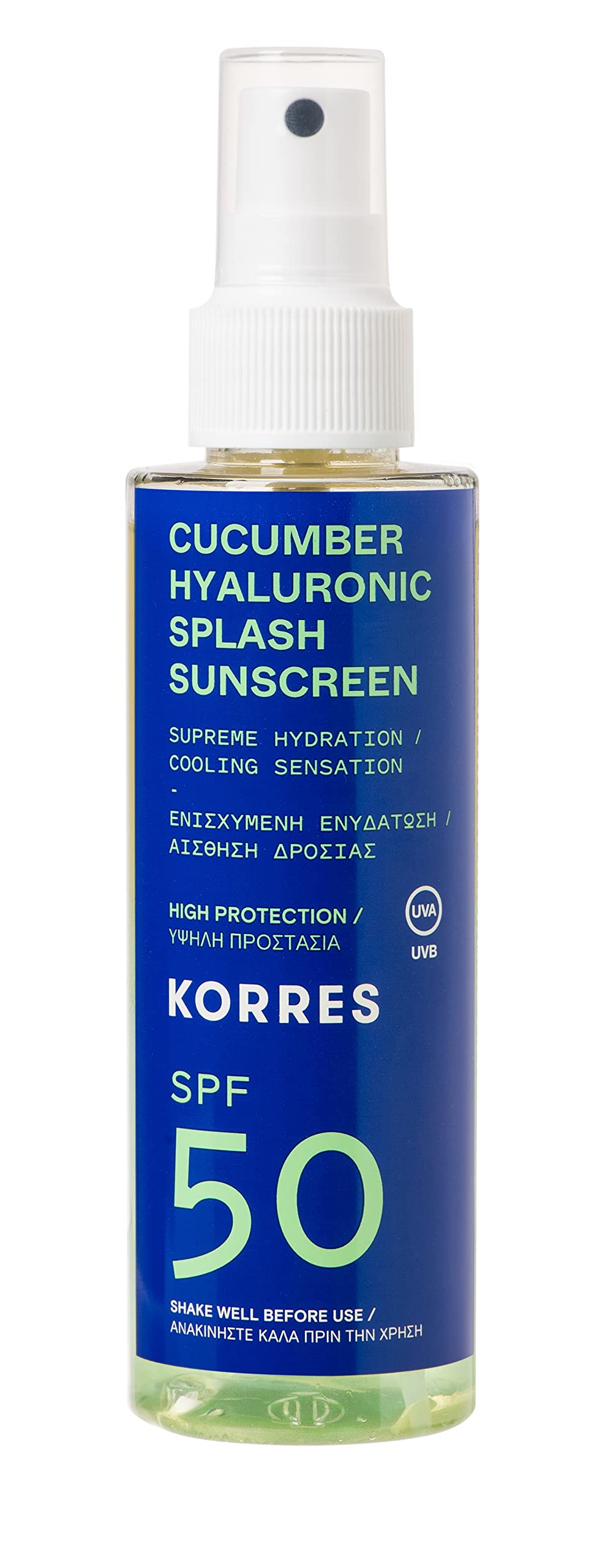 KORRES Cucumber Hyaluronic Splash Sonnenschutz Spray für Gesicht & Körper SPF50, mit kühlender Wirkung, schnell einziehend & vegan, 150 ml