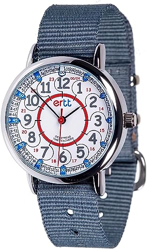 EasyRead Time Teacher Kinderuhr, 12- & 24-Stunden Uhrzeit, Rot-blau-graues Zifferblatt / Graues Armband