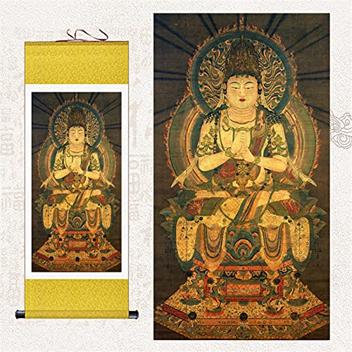 Rollbilder, Feng Shui tibetisches Thangka, Thangka-Brokat, Tathagata-Gemälde, hängendes Porträt, Seidenrolle, Zeichnung, Enshrine-Dekorationsfarbe (Color : Golden)