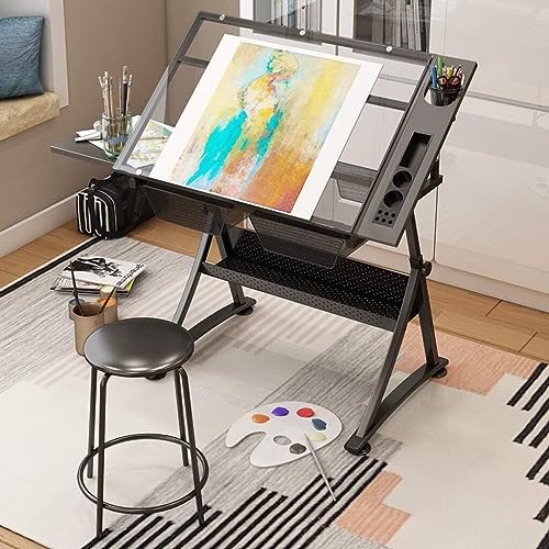 MaGiLL Höhenverstellbarer Zeichentisch, neigbarer Basteltisch mit Stauraum, großer Kunstschreibtisch, für Home-Office-Zeichentisch