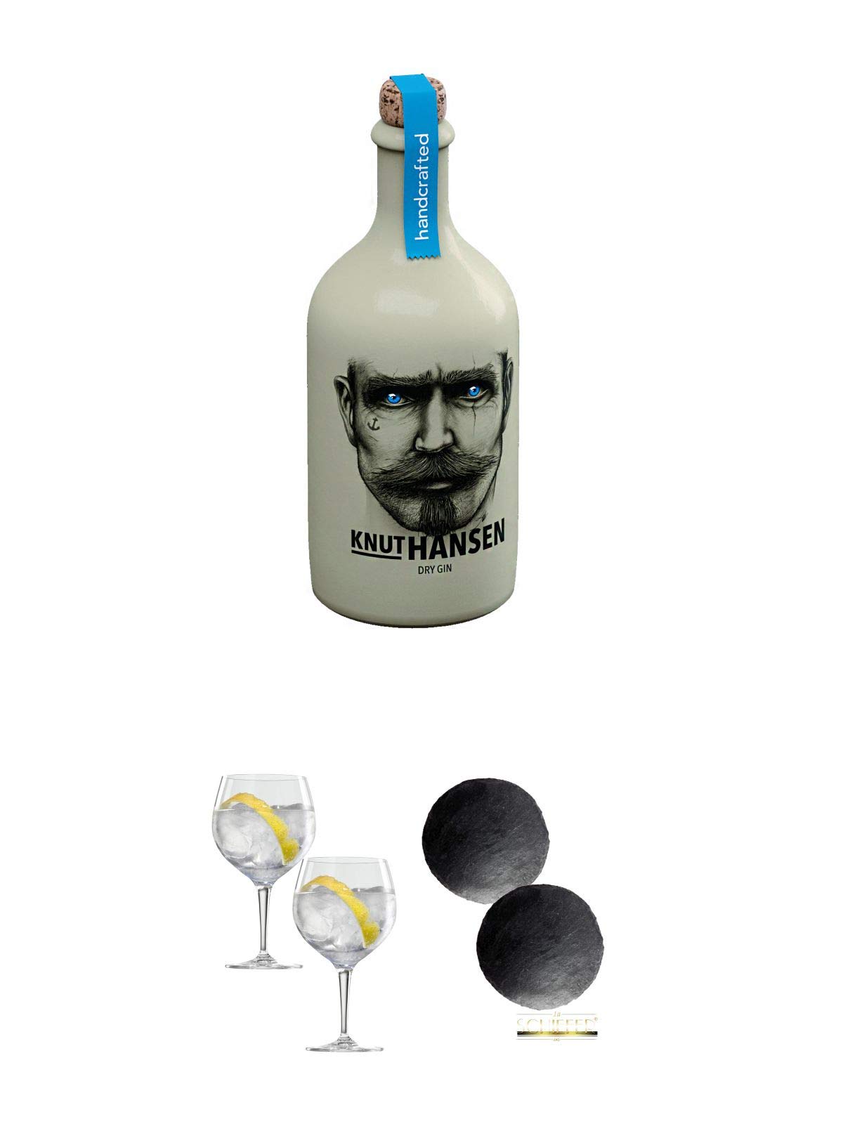 Knut Hansen Dry Gin 0,5 Liter + Spiegelau Gin & Tonic 4390179 2 Gläser + Schiefer Glasuntersetzer RUND ca. 2 x 9,5 cm Durchmesser