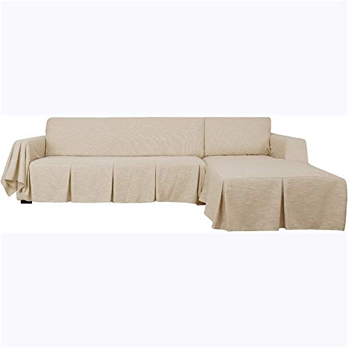 Sofabezug L-Form Couchbezug 2-teilig Leinen Sofa Schonbezug mit Rüschen Verdicken Khaki 2-Sitzer links Chaise