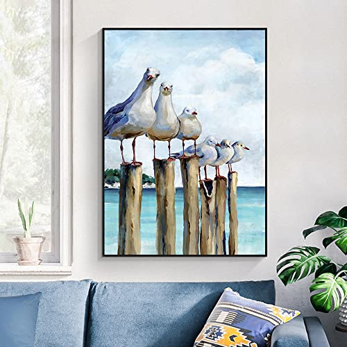BLuvos Moderne Kunstdrucke, Strand-Möwe, Wandkunst, Poster, Vogel, Tier, Küstenlandschaft, blaues Bild für Wohnzimmer, Heimdekoration, 40 x 60 cm, ohne Rahmen