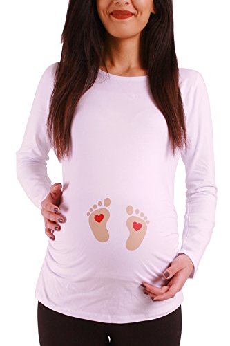 Fußabdrücke Baby mit Herz - Lustige witzige süße Umstandsmode Umstandsshirt mit Motiv für die Schwangerschaft Schwangerschaftsshirt, Langarm (Weiß, Medium)
