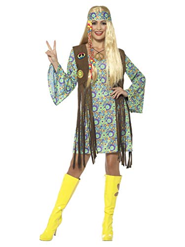 Smiffys Damen 60er Jahre Hippie Chick Kostüm, Kleid mit Weste, Medaillon und Haarband, Mehrfarbig, XL