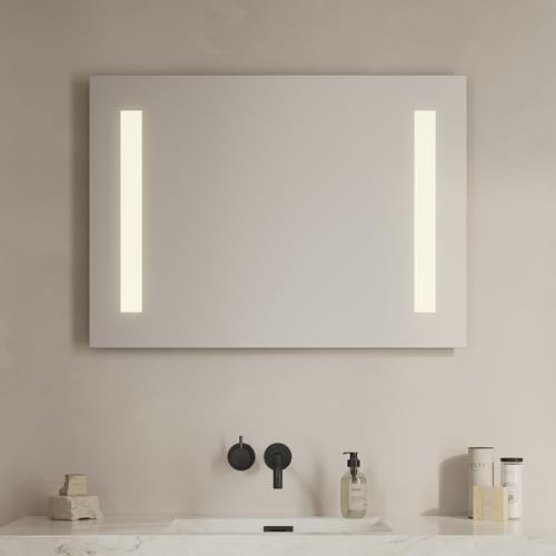 Loevschall Godhavn Quadratischer Spiegel mit Beleuchtung | Led Spiegel Mit Touch-Schalter 90x65 cm | Badspiegel Mit Led Beleuchtung | Verstellbarer Badezimmerspiegel mit Beleuchtung
