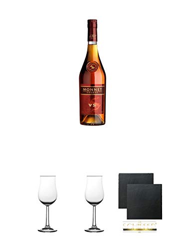 Monnet Cognac VS 0,7 Liter + 2 Bugatti Nosing Gläser mit Eichstrich 2cl und 4cl + 2 Schiefer Glasuntersetzer eckig ca. 9,5 cm Ø