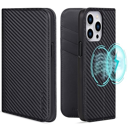 VISOUL Hülle für iPhone 15 Pro, Schutzhülle [Carbon+Nappa Leder] [Schützt vor Stoß] [Kartenfach] [Magnetverschluss] [Stand] Klapphüllen handyhülle Handytasche Etui Case für iPhone 15 Pro Schwarz T