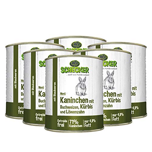 Schecker 6 x 820g Hundemenü Dosenfutter 71% Kaninchen mit Buchweizen Kürbis und Löwenzahn Getreidefrei nur 4,8% Fett