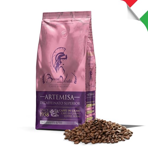 BOCCA DELLA VERITA® - Italienische Kaffeebohnen, Aroma ARTEMISA ENTKOFFEINIERT, 1 kg Packung, Natürlich und handwerklich gerösteter Kaffee, 100% Made in Italy, Rainforest und UTZ zertifiziert