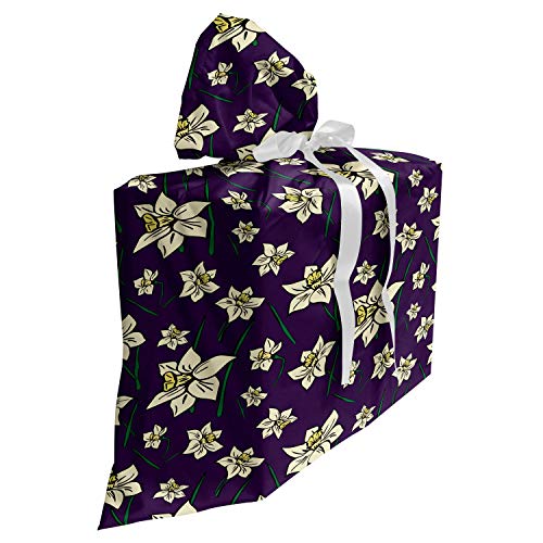 ABAKUHAUS Blumen Baby Shower Geschänksverpackung aus Stoff, Cartoonish Design Narzissen, 3x Bändern Wiederbenutzbar, 70 x 80 cm, Dark Purple Creme