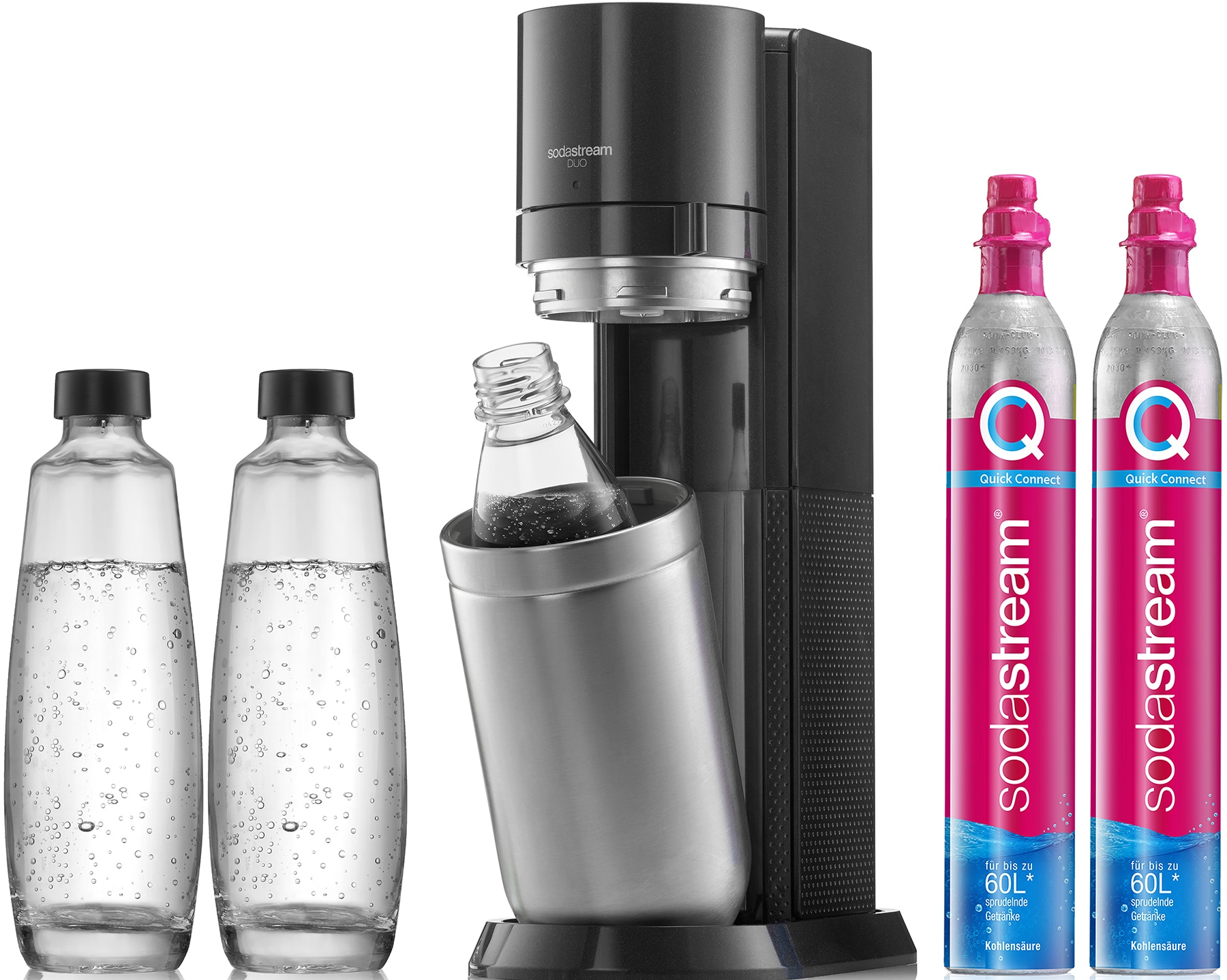 SodaStream Wassersprudler DUO Vorteilspack, (Set, 6 tlg.), SodaStreamSprudler DUO,CO2Zylinder,1L Glasflasche+1L Kunststoffflasche