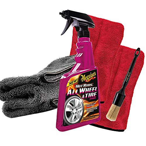 Felgenreinigungs Bundle: Meguiars Hot Rims Wheel Cleaner 710ml + Nuke Guys Felgenpinsel + 2x Nuke Guys Präzisionshandschuh für Detailing Arbeiten + detailmate Trockentuch 1000GSM