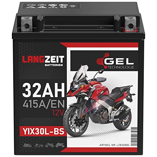 LANGZEIT YIX30L-BS GEL Motorradbatterie 12V 32Ah 415A/EN Gel Batterie 12V YB30L-BS 83200 doppelte Lebensdauer vorgeladen auslaufsicher wartungsfrei ersetzt 30Ah