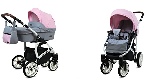 BabyLux Optimal 2-in-1 Baby Kinderwagen Tief und Kinderwagen mit Zubehör Verstellbar und faltbar Aluminium Konstruktion Wasserdicht Nicht abnehmbare Räder Light Pink White Frame