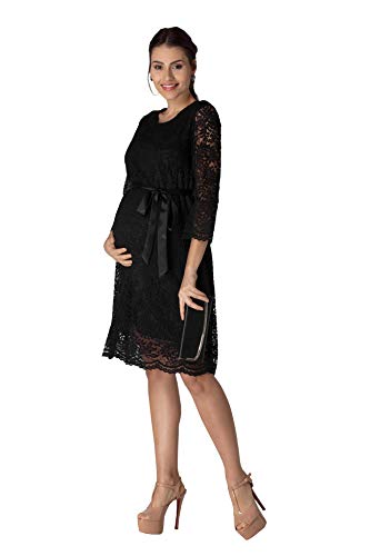 M.M.C. Laila Spitzenkleid Schwangerschaft - Damen Umstandskleid aus Spitze Schwangerschaftskleid Abendkleid Cocktailkleid für Hochzeit Standesamt - Knielang (Schwarz, 42)