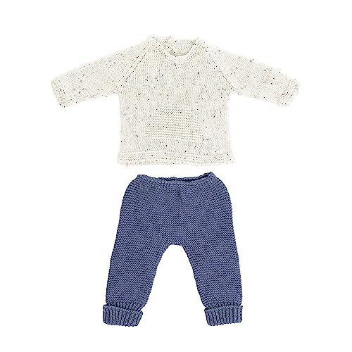 Miniland Set beige und blau gestrickt, für Puppen, 40 cm, Pullover und Hose, Strampler und Mütze, recyceltem Textil, Miniland Dolls.