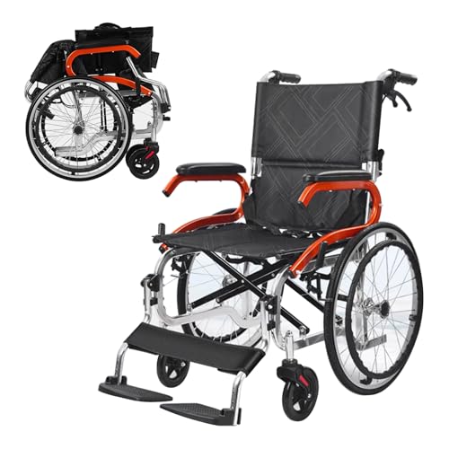 Faltbarer Transportrollstuhl,leichte tragbare Rollstuhlstütze aus Aluminium,Ultraleicht Reiserollstuhl,Rollstühle mit Selbstantrieb, Sitz 45 cm, Zwei Bremssysteme