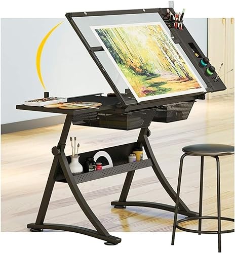 MaGiLL Neigbarer Zeichentisch, Verstellbarer Kunstschreibtisch, mit Stauraum, Basteltisch, Zeichentisch mit Glasplatte, Zeichentisch für Kinder und Erwachsene