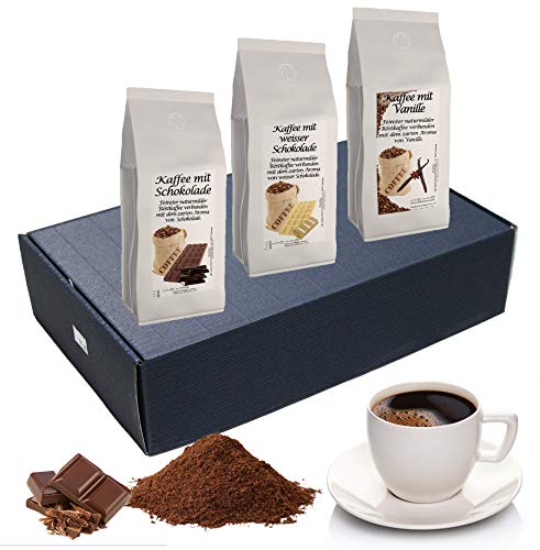 Geschenk Set Aromatisierter Kaffee Gemahlen 3 x 200 g (Schokolade, Weiße Schokolade und Vanille)