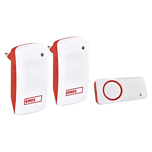 EMOS Batterielose Türklingel/Funkklingel Set mit 2 Empfängern, 150 m Reichweite und 10 Klingeltönen, 5 Stufen Lautstärke bis 110 dB/Visuelle Anzeige/Self-Learning Paarung/Farbe weiß/rot