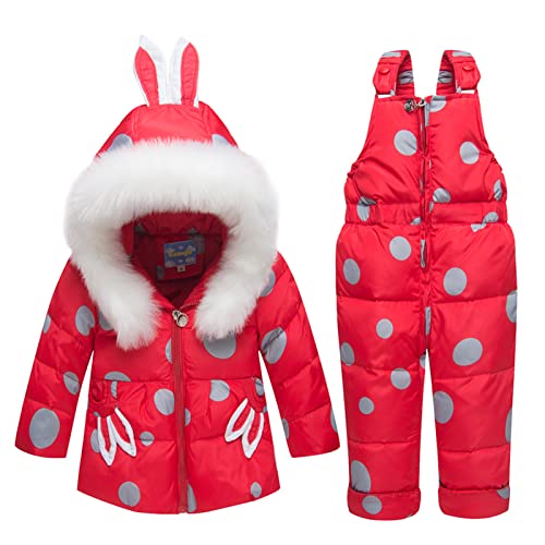 2 Stücke Kleinkind Schneeanzug Mädchen Daunenjacke mit Kapuze Mantel + Skihose Skiset für Kinder 2-3 Jahre Rot