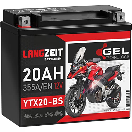 LANGZEIT YTX20-BS GEL Motorradbatterie 12V 20Ah 355A/EN GEL Batterie 12V 51822 CTX20-BS GTX20-BS doppelte Lebensdauer vorgeladen auslaufsicher wartungsfrei