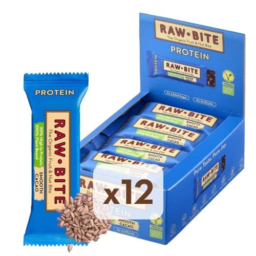 RAWBITE Protein Riegel Smooth Cacao mit 21g Eiweiß I High in Protein I 12 Bio Proteinriegel in Vorteilsbox I mit Reisprotein, Datteln, Cashews, Sonnenblumenkernen, Vanille & Kakao I 12 x 45g