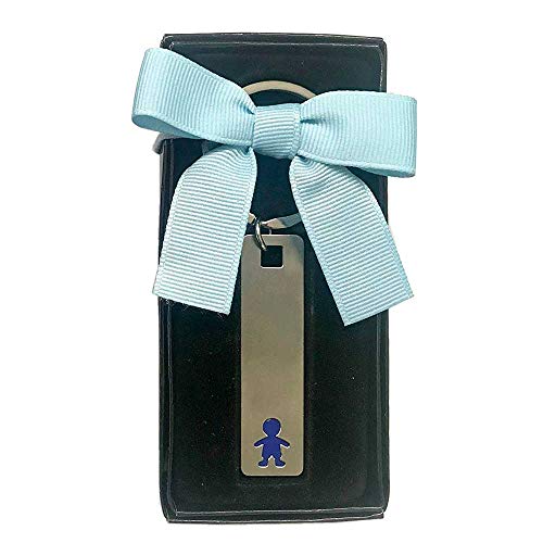 Schlüsselanhänger für Kinder, Blau, personalisierbar, Name und Datum des Ereignisses, mit Schleife in Rosa, 15 Stück