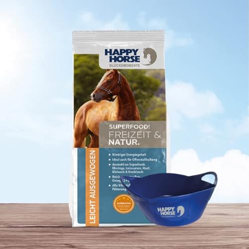 HAPPY HORSE Superfood Freizeit & Natur Pferdefutter 14kg + Flexischale 15 Liter - Optimal abgestimmt auf die Bedürfnisse von Pferden mit geringem Energiebedarf, Offenstall- oder Weidepferde