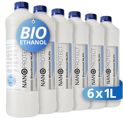 Nanoprotect Bioethanol 96,6% | 6 x 1 Liter | Ethanol Brennstoff für Indoor Kamin und Tischfeuer | Reiner Ethylalkohol als Lösungsmittel | Premium Qualität – Made in Germany
