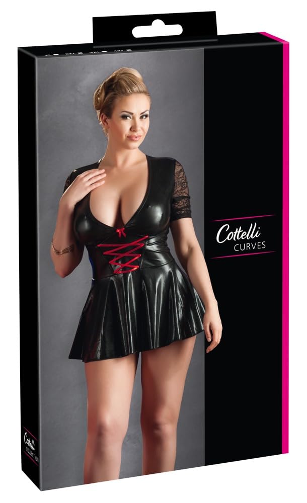 COTTELLI CURVES Lack-Kleid - verführerisches Mini-Kleid für Frauen, mit V-Ausschnitt, gekreuzter Schnürung, Spitzen-Ärmeln, schwarz/rot