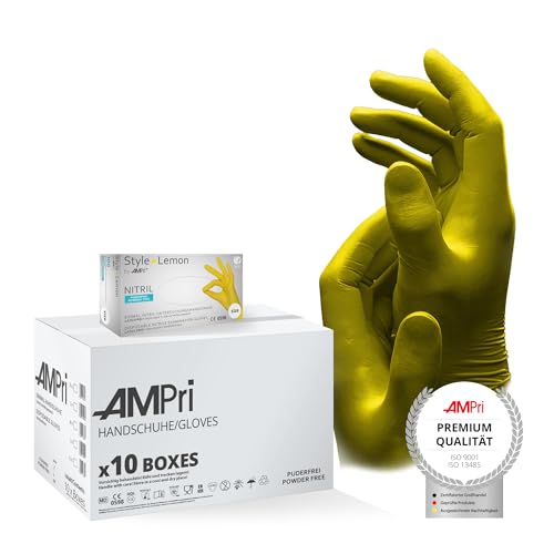 AMPri Nitrilhandschuhe, gelb, 10 Box a 100 Stk, Größe L, puderfrei, Style Lemon by Med-Comfort: Nitril Einmalhandschuhe in den Größen XS, S, M, L, XL erhältlich