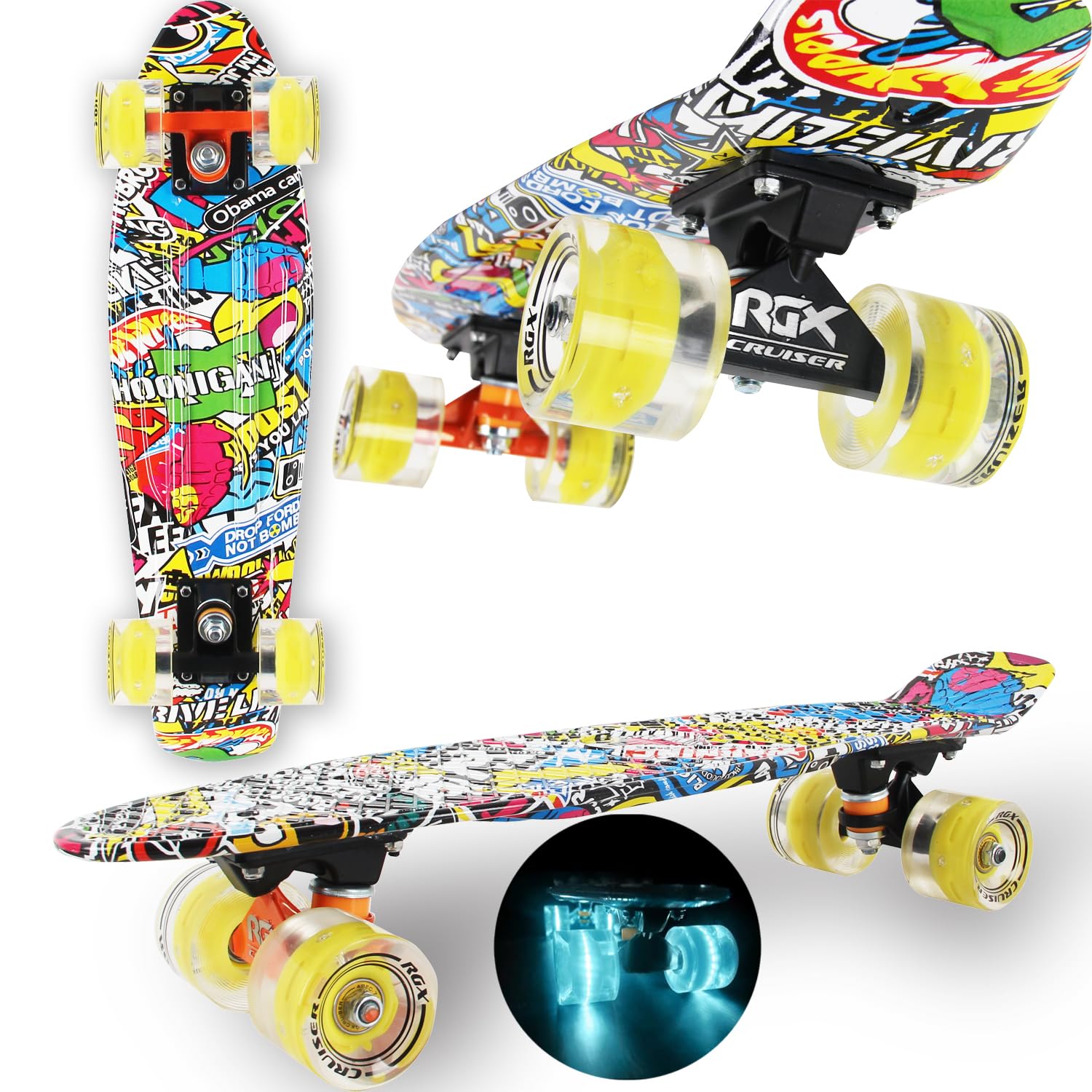 WeLLIFE Skateboard Mini Cruiser Serie RGX Skate 22 Zoll 56 cm für Kinder Jugendliche Erwachsene Skateboard mit leuchtenden Rädern PU 78A Cruiser mit bunten Lichtern Flash LED Kugellager ABEC-7