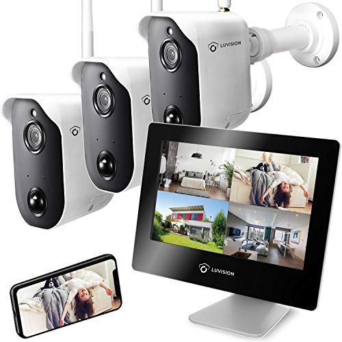 LUVISION Full HD Akku Überwachungssystem Kamera Set mit Monitor Funk kabellos mit Bewegungserkennung Gegensprechanlage App Solar + Flutlicht kompatibel [Set 3X Kamera 1x Touchscreen Monitor]