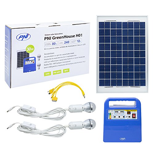 Photovoltaikanlage Sonnenkollektor PNI GreenHouse H01 30W, Akku 12V / 7Ah inklusive, USB/Radio / MP3, 2 x LED-Lampen