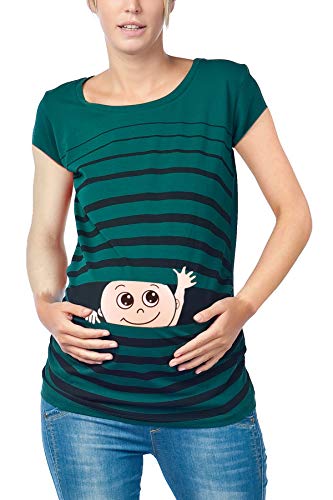 M.M.C. Winke Winke Baby - Lustige witzige süße Umstandsmode gestreiftes Umstandsshirt mit Motiv für die Schwangerschaft Schwangerschaftsshirt, Kurzarm (Dunkelgrün, Small)