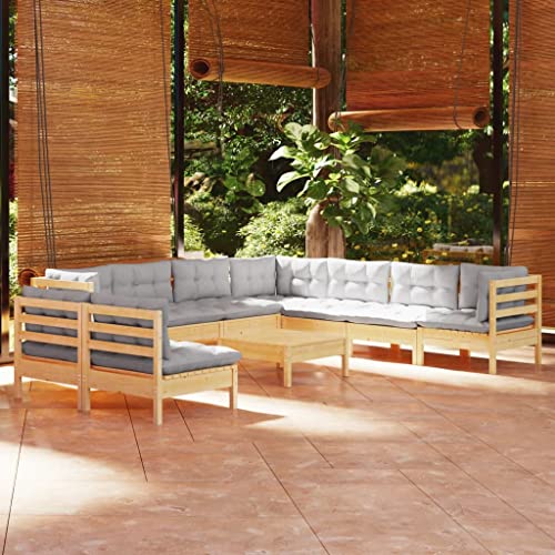 WHOPBXGAD terrassenmöbel,balkonmöbel Kleiner Balkon,Tisch klappbar,10-TLG. Garten-Lounge-Set mit Grauen Kissen Massivholz Kieferterassenmöbel außen,balkonmöbel Set,glasplatte Tisch,