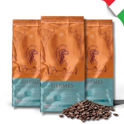 BOCCA DELLA VERITA® - Italienische Kaffeebohnen, Aroma HERMES RISTRETTO NAPOLI, 3 Packungen mit 1 kg, Natürlich und handwerklich gerösteter Kaffee, 100% Made in Italy, Rainforest und UTZ zertifiziert