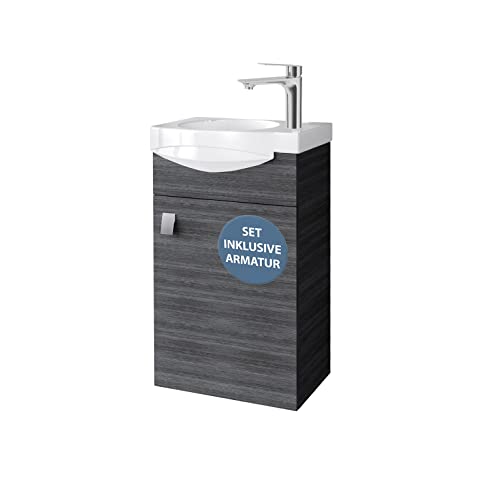Planetmöbel Waschtischunterschrank 40 cm in Anthrazit mit Waschbecken & Armatur in Chrom, Badezimmmer Möbel für Gäste WC
