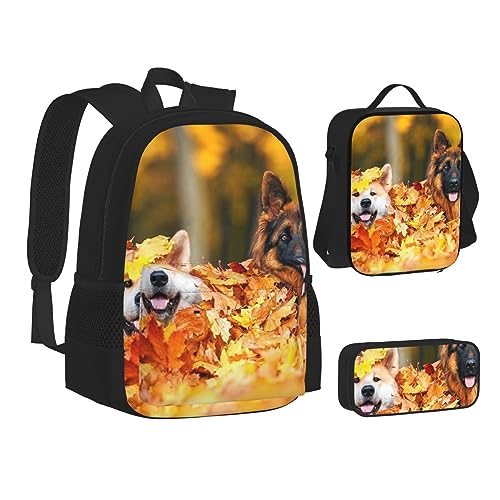 BONDIJ Herbst-Hintergrund mit Hunden, Rucksäcke für die Schule mit Lunchbox, Federmäppchen, wasserabweisende Tasche für Jungen und Mädchen, Lehrergeschenke, Herbst Hintergrund mit Hunden,